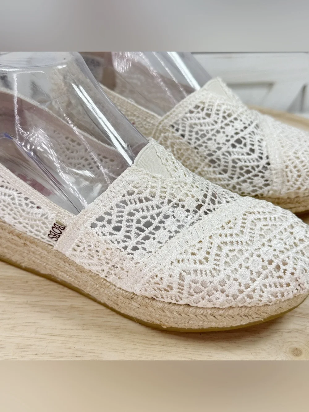 Bobs Skechers Crochet Lace Espadrille Wedge Slip On Shoes Ivory Cream 7 Boho